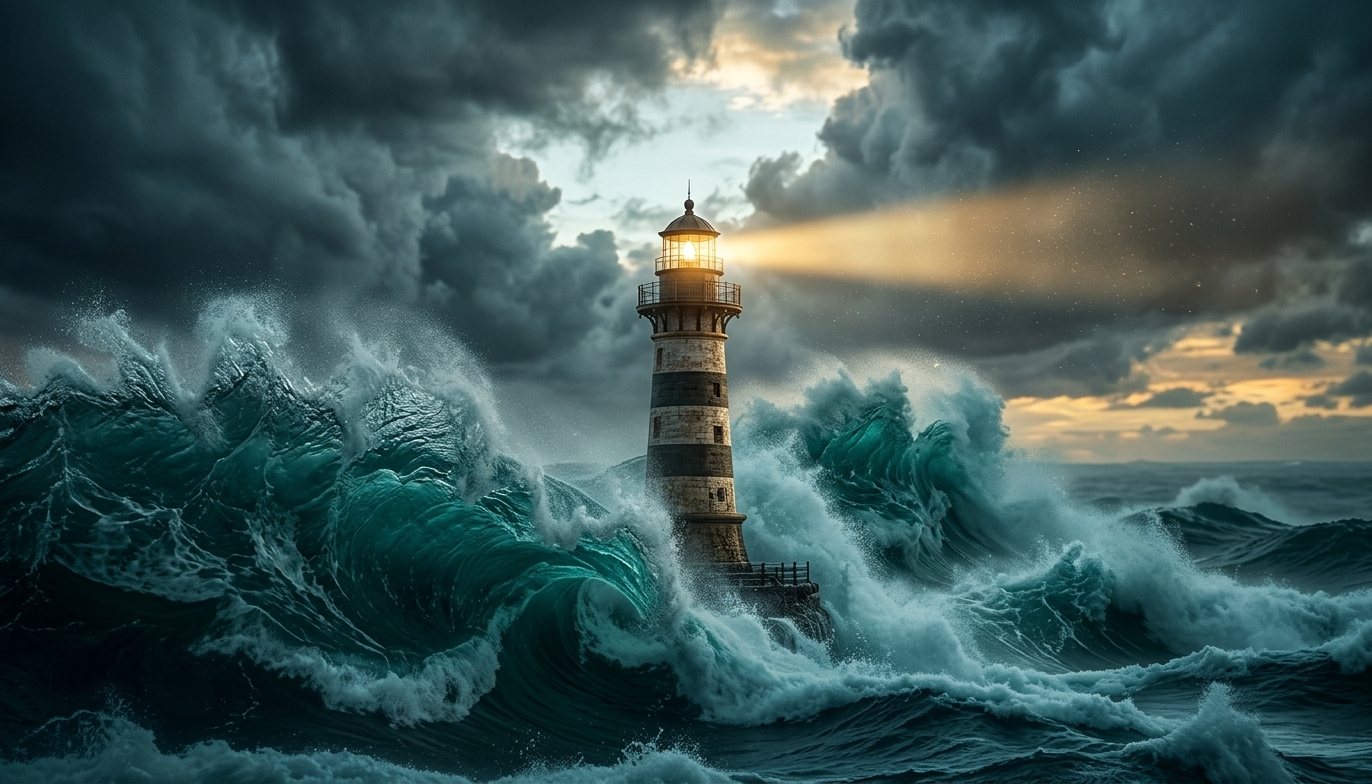 A lighthouse beacon cutting through a storm — the Beacon BPO brand metaphor for guiding businesses